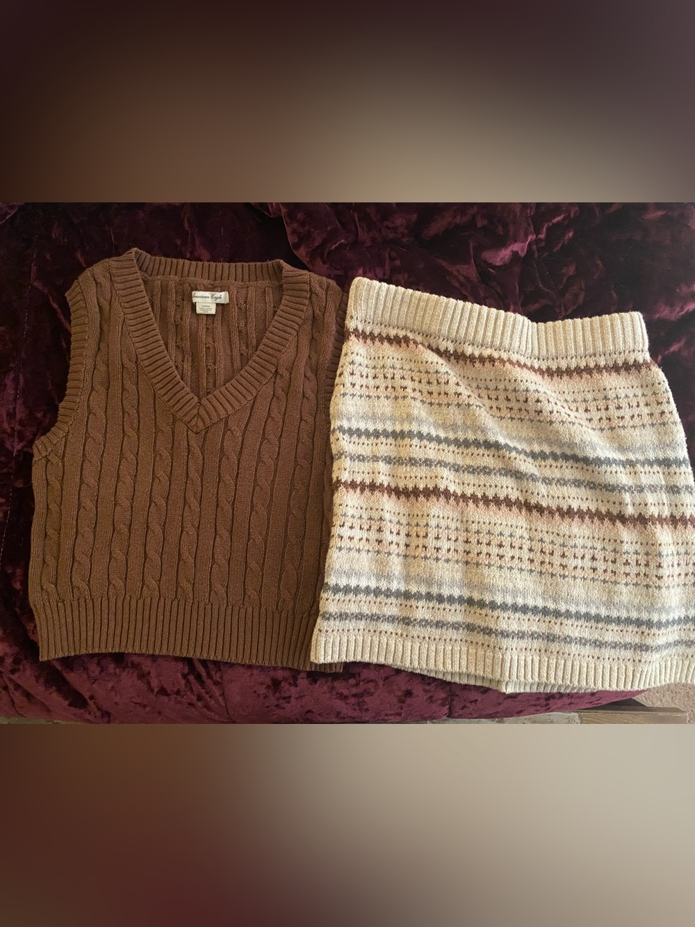 American Eagle Outfitters Brown Cable Knit Sweater Vest and Mini Skirt Small